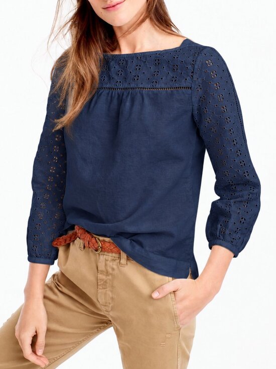 J. Crew Tops - J.Crew Navy Blue Linen Cotton Blend Eyelet Long Sleeve Boat Neck Blouse (Size 6)